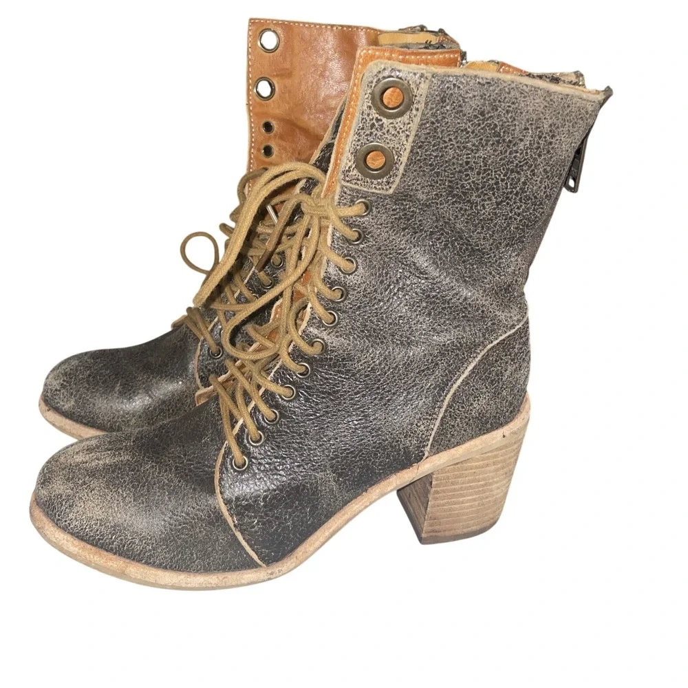 Fugu Malibu Brown Boots Women Size 7 Distressed Leather Lace Dual Zip Ankle